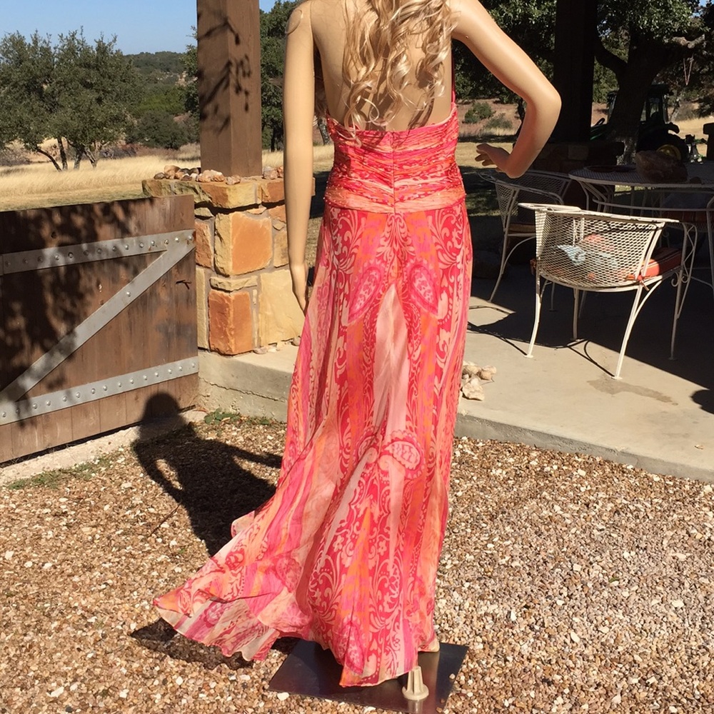 HP🎉BADGLEY MISCHKA FORMAL SEXY PINK & ORANGE HALTER FLOWY MAXI DRESS WITH SCARF - Picture 2 of 9